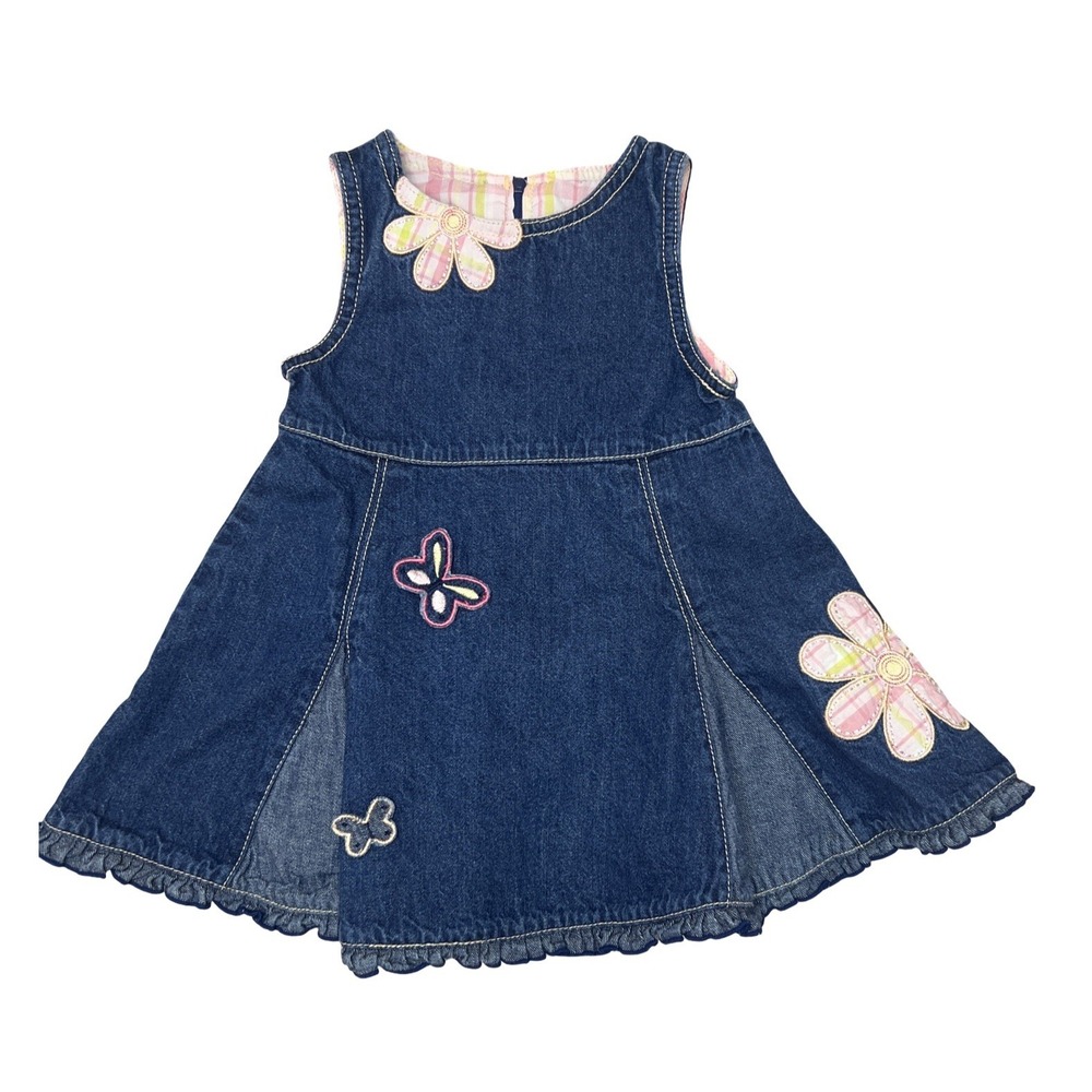 Vintage Sesame Street Denim JumperDress 12m Plaid Flower Butterfly Baby Girl Y2K